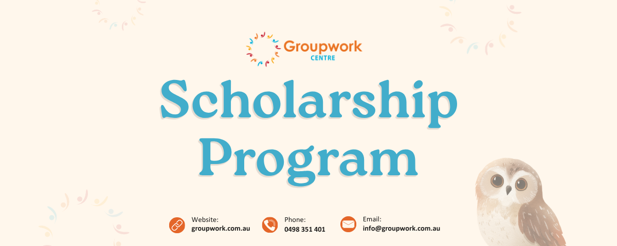 An advertisement for a scholarship program offered by Groupwork Centre with contact details and a cartoon owl on a light background.