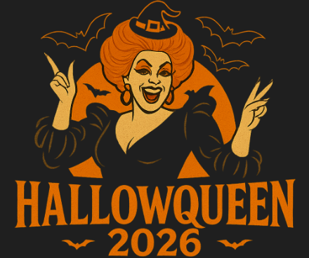 Logo for H.Q. 26, the Annual HallowQueens Drag Show, featuring a space theme with stars, planets, and a red swoosh.