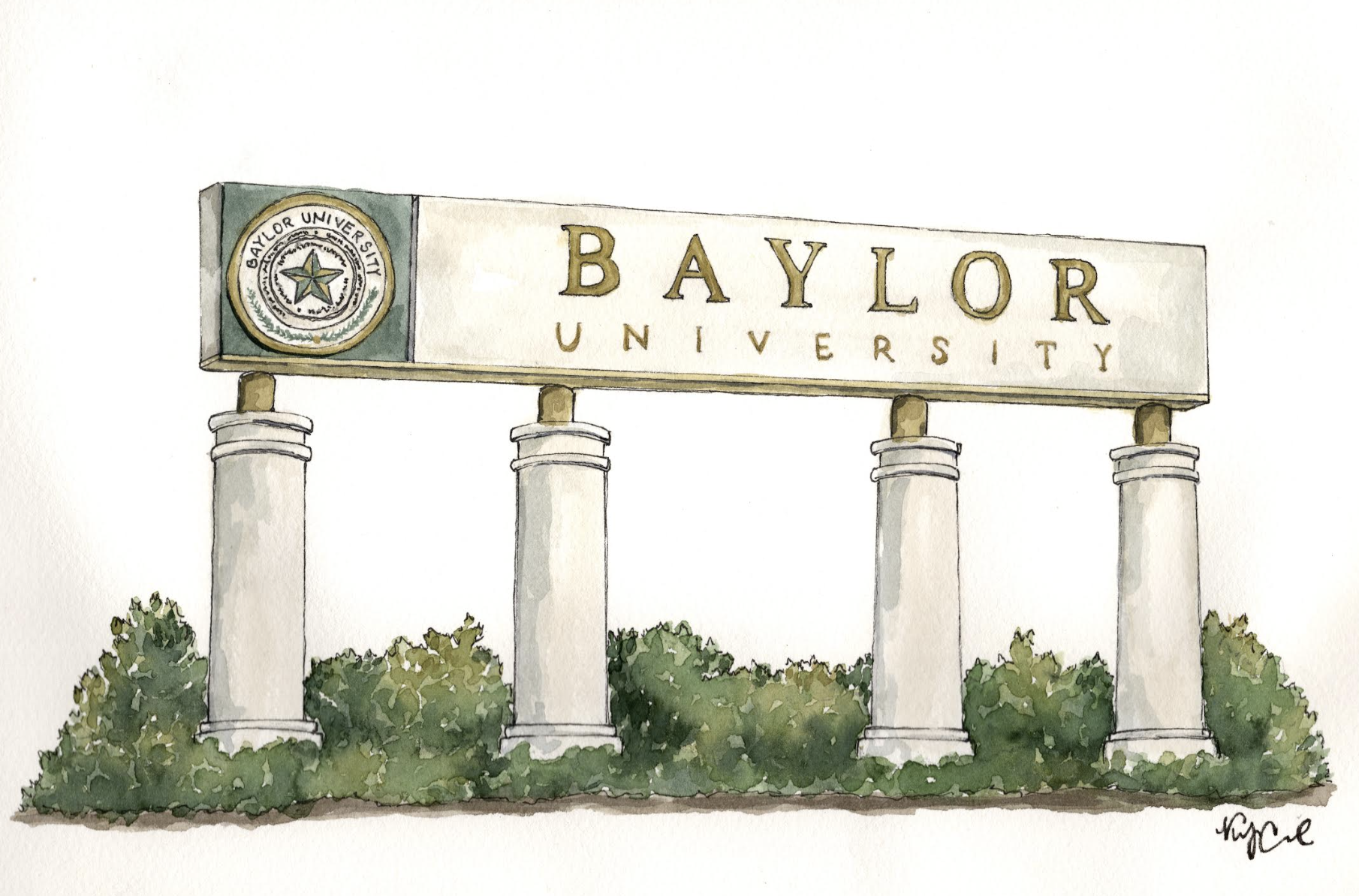 Baylor University 4-pillar Sign- Exclusive Watercolor