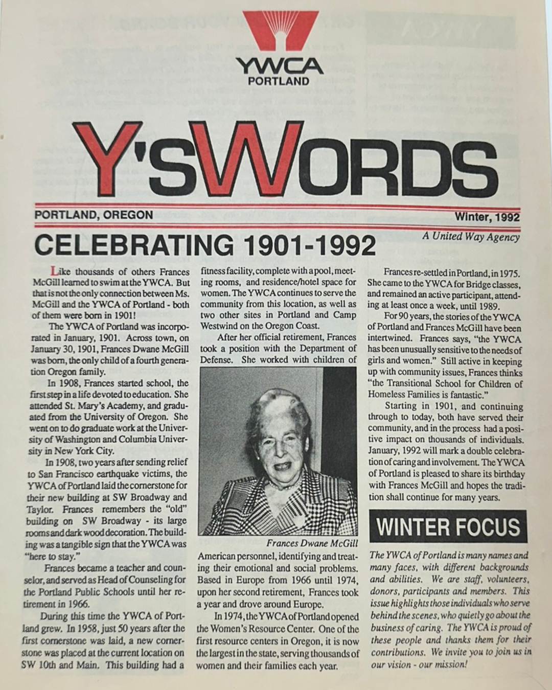 The front page of the Winter 1992 issue of Y's Words, a periodical newsletter of the YWCA of Greater Portland. The text of the article is below.