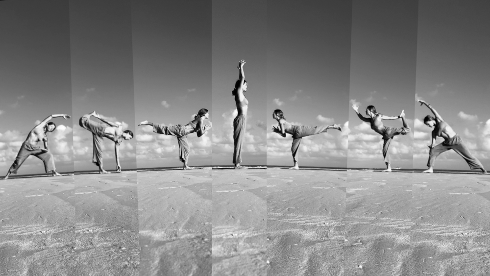 Collage of a person practicing yoga on a beach under a clear sky, showing various poses like Warrior III and Dancer.