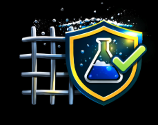 Shield and laboratory flask graphic showing tested materials used in Shine Panel Care’s solar panel bird proofing products