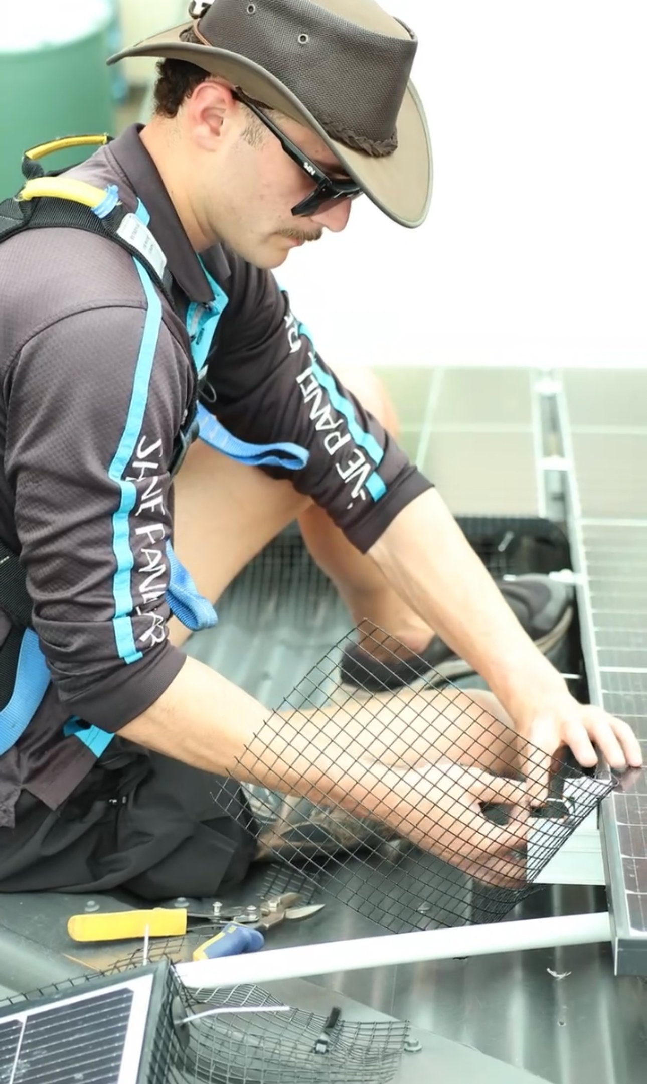 Technician installing stainless steel bird proofing mesh around a solar panel frame using hand tools and safety gear