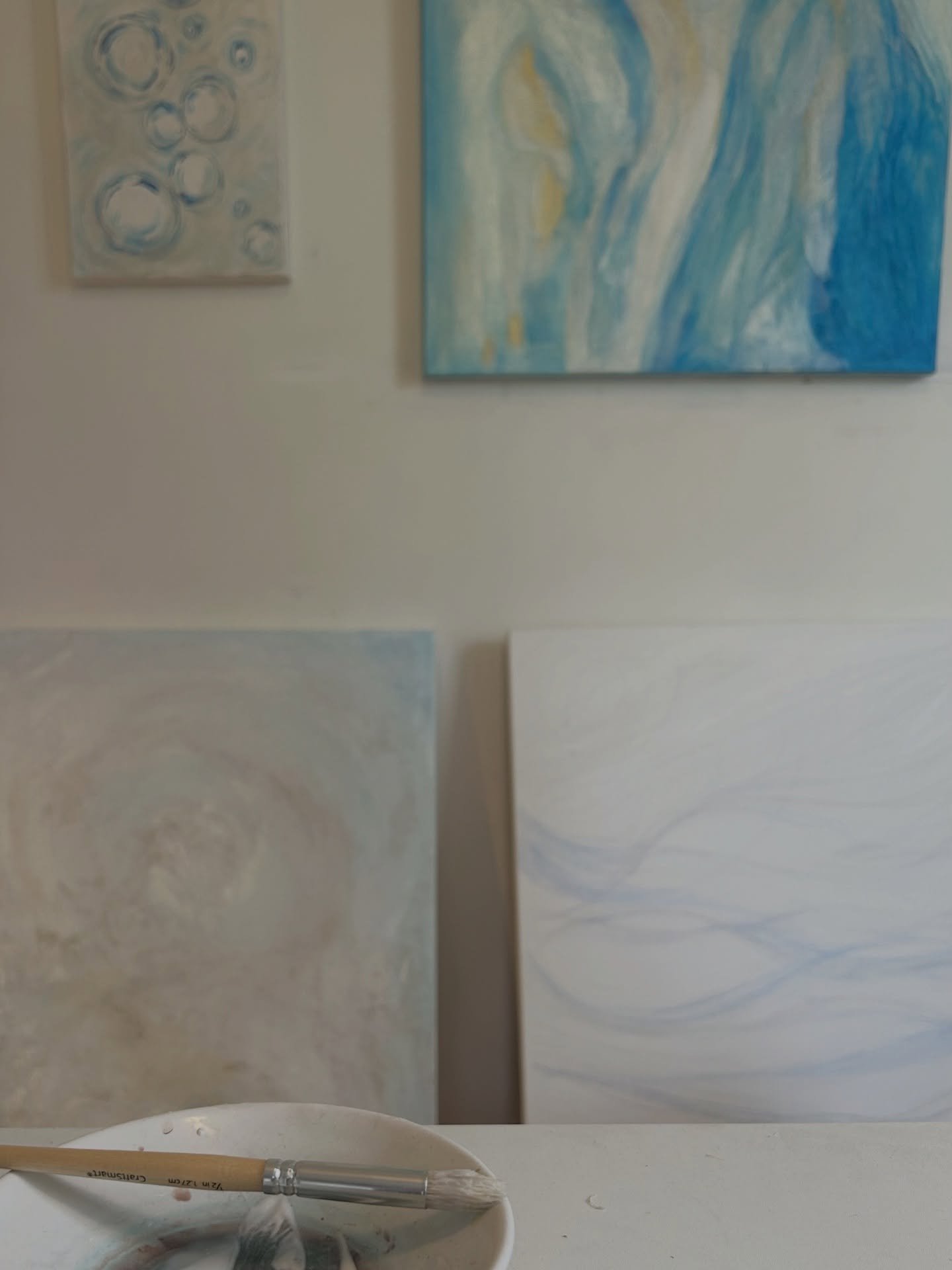 Works in progress. Exploring ebb and flow, sea and sand, currents and spirals; layer by layer, letting the paintings swirl.