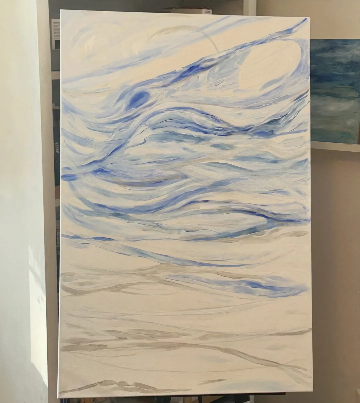 In process - first couple of layers of the 2&rsquo;x3&rdquo; painting in my latest series. 

#ctartist #flow #acrylicpainting #blue