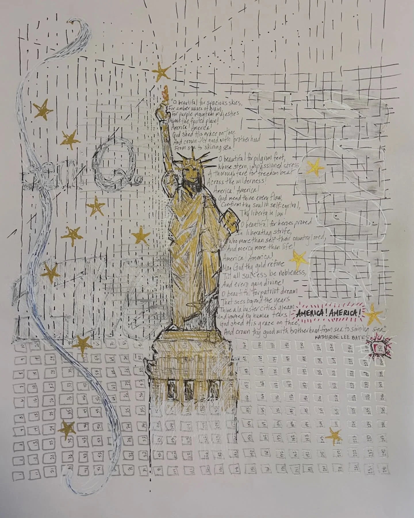 &ldquo;Liberty 250&rdquo;
Mixed Media (ink, acrylic, metallic gel) on paper
11x14&rdquo;

250 years. 250 squares. 13 original stars, and the familiar words of America the Beautiful, all layered together with Lady Liberty taking center stage. 🗽🌟🇺🇸