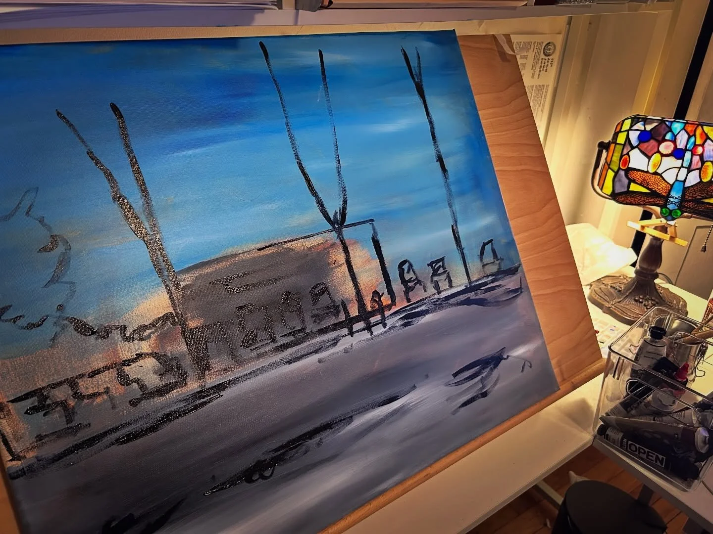 Blocking in my latest painting of Knight&rsquo;s Garage. 🎨