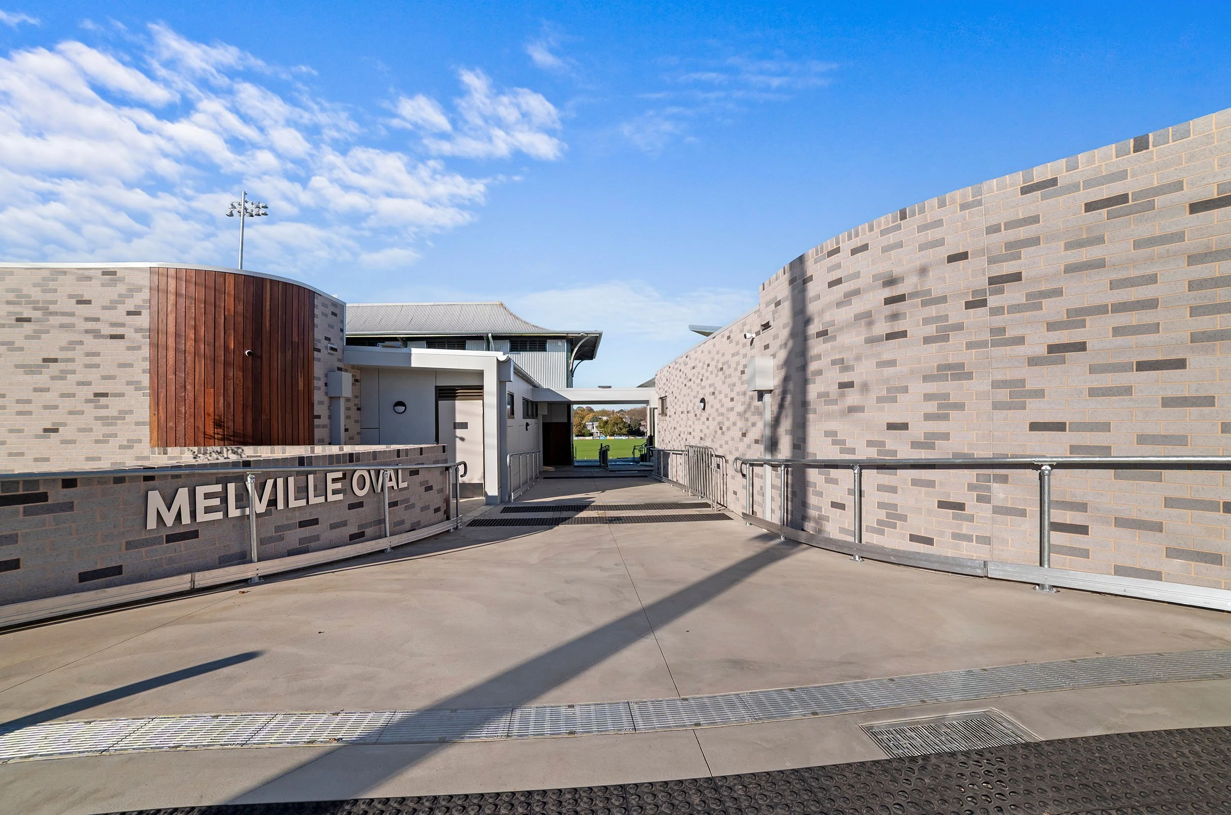 Entrance to the Melville Oval, heritage grandstand and new community pavilion