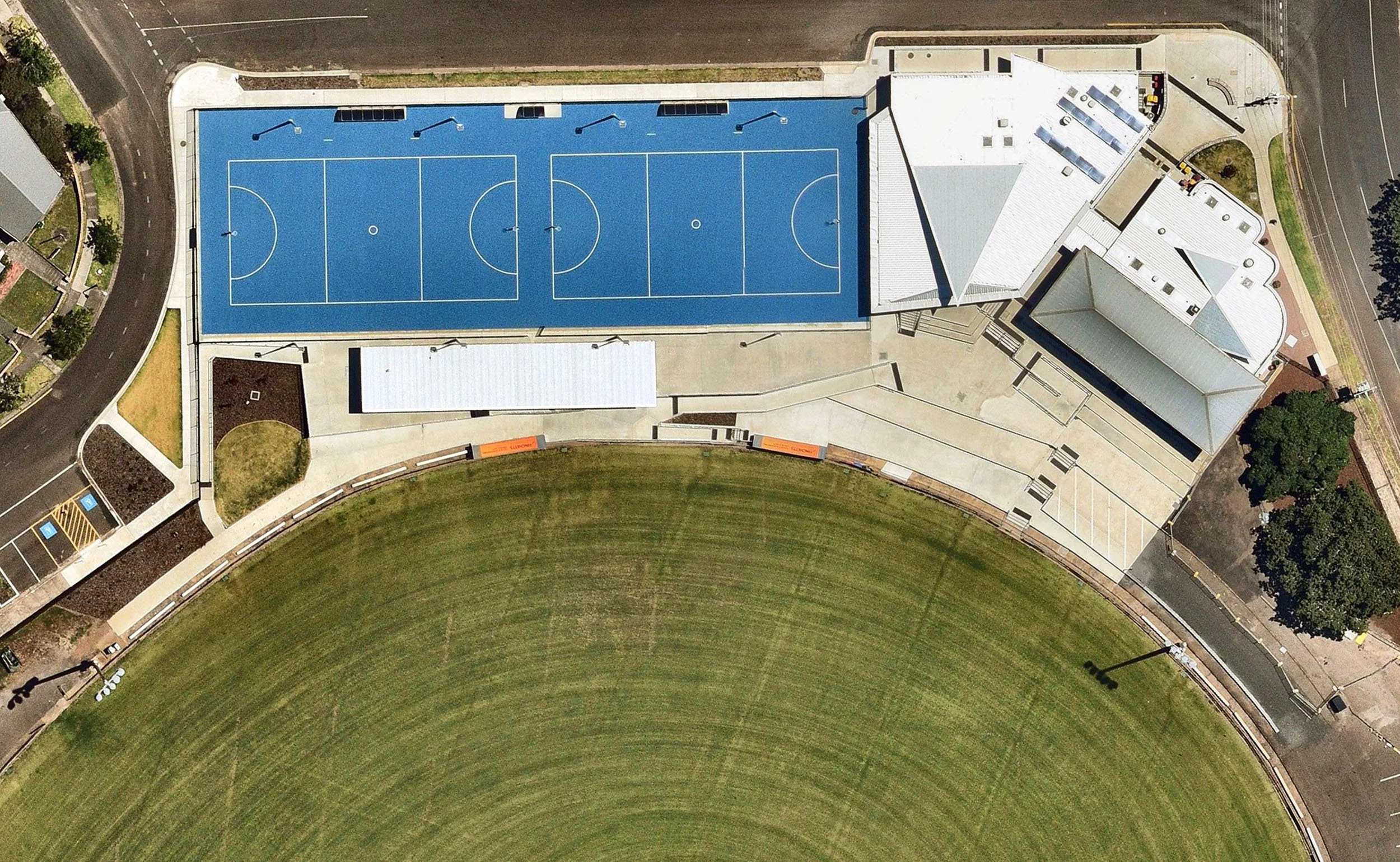 Aerial view of Melville Oval, new community pavilion and netball courts