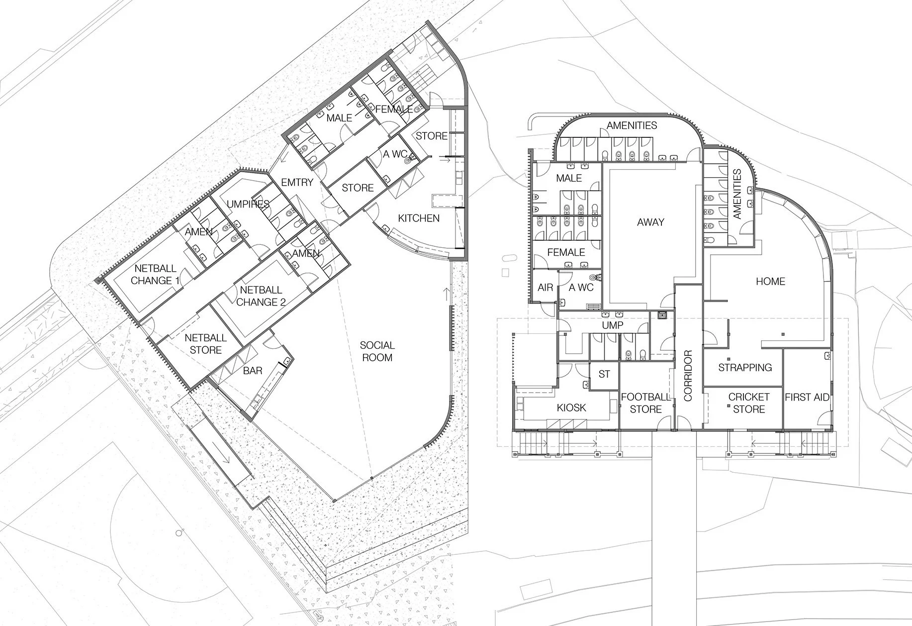Melvile Oval Pavilion and grandstand floor plan, including social room and change room facilities