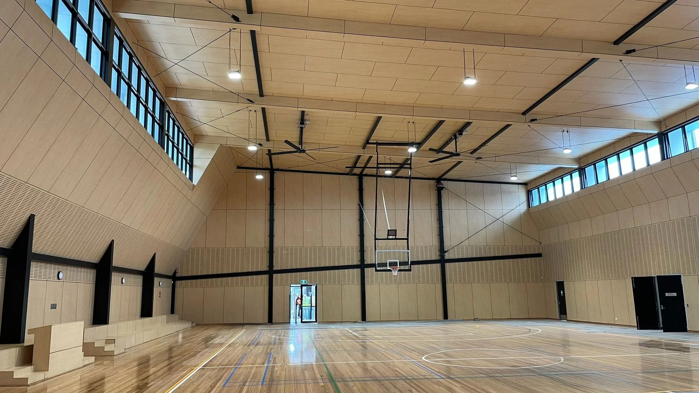 Jamieson Way Community Sports Hall, basketball court, plywood walls and ceiling, timber floor