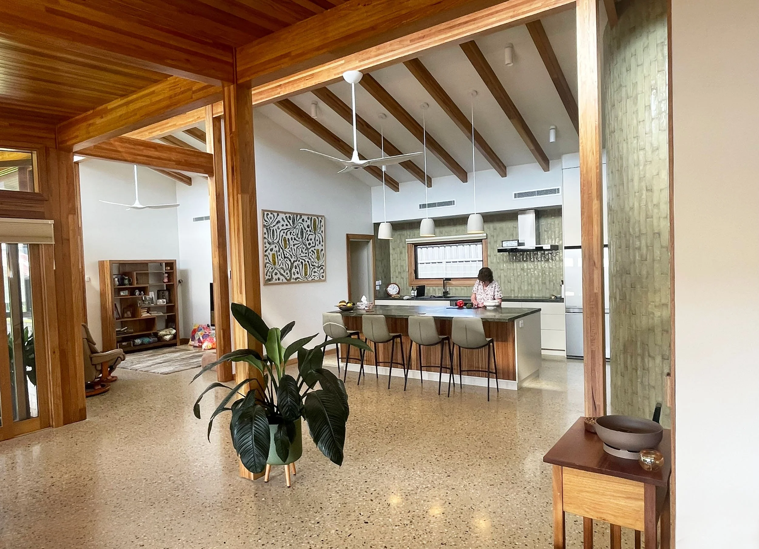 Albury House, architecture design, kitchen, polished concrete floor, timber structure