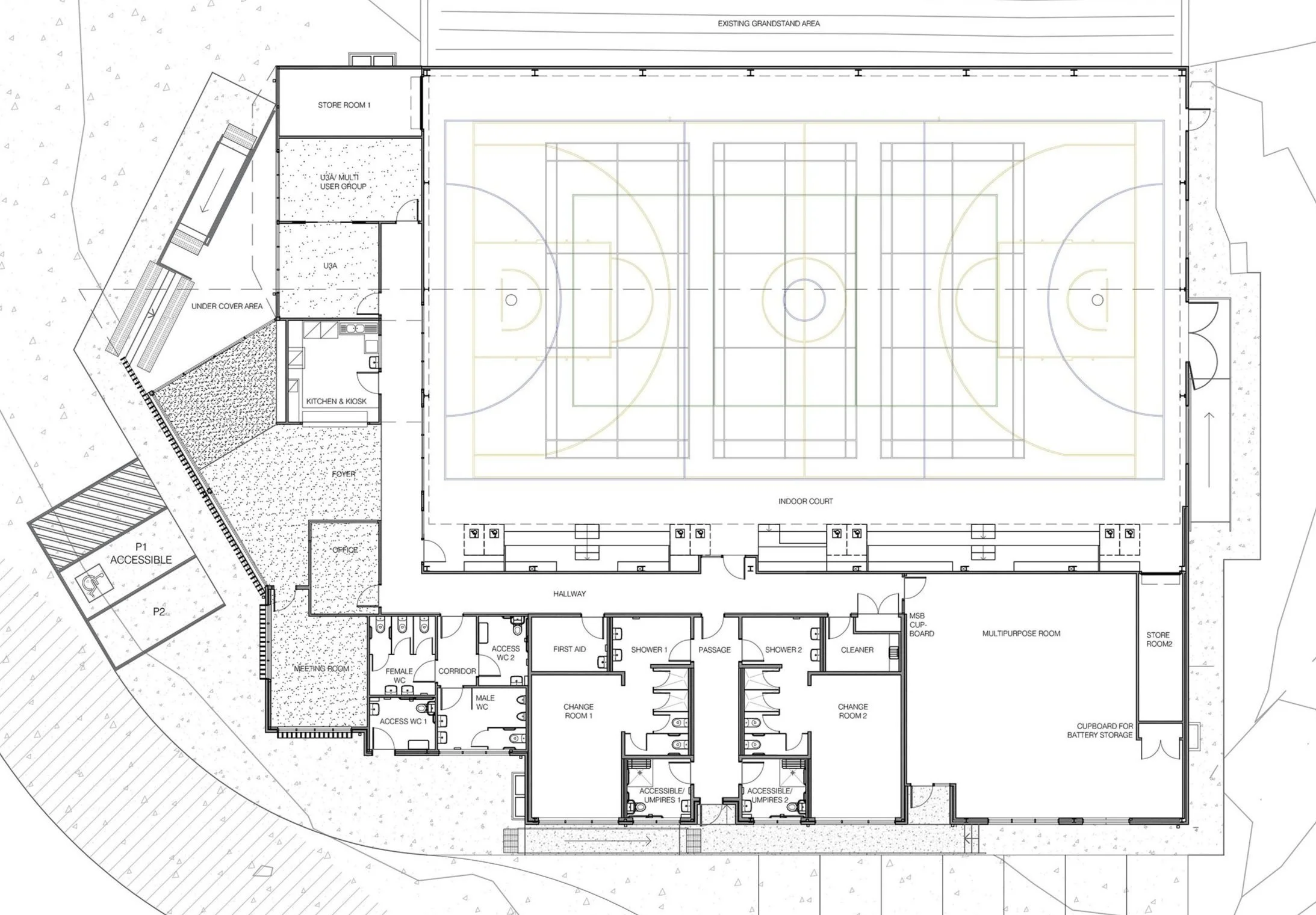Foster Indoor Sports Stadium floor plan, basketball court, community rooms, change rooms