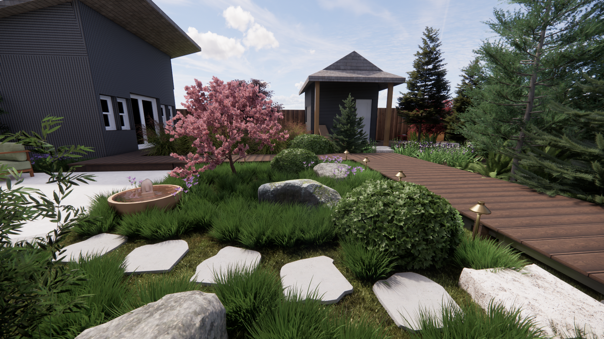 A landscaped garden with a wooden pathway, surrounded by lush greenery, flowering trees, rocks, and a small fountain, with modern buildings in the background.