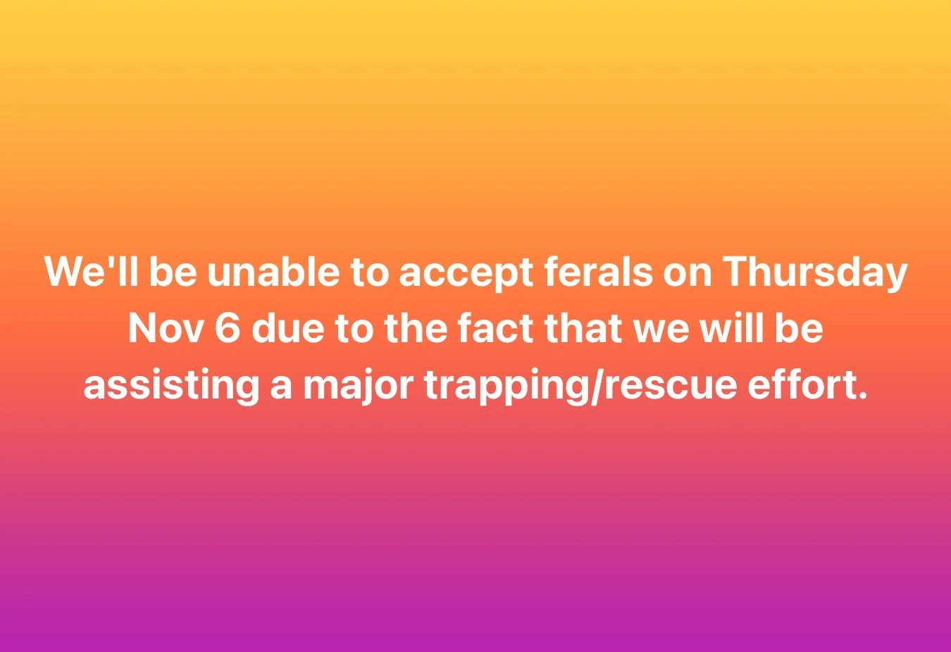 We'll be unable to accept ferals on Thursday Nov 6 due to the fact that we will be assisting a major trapping/rescue effort. Thank you for your patience!