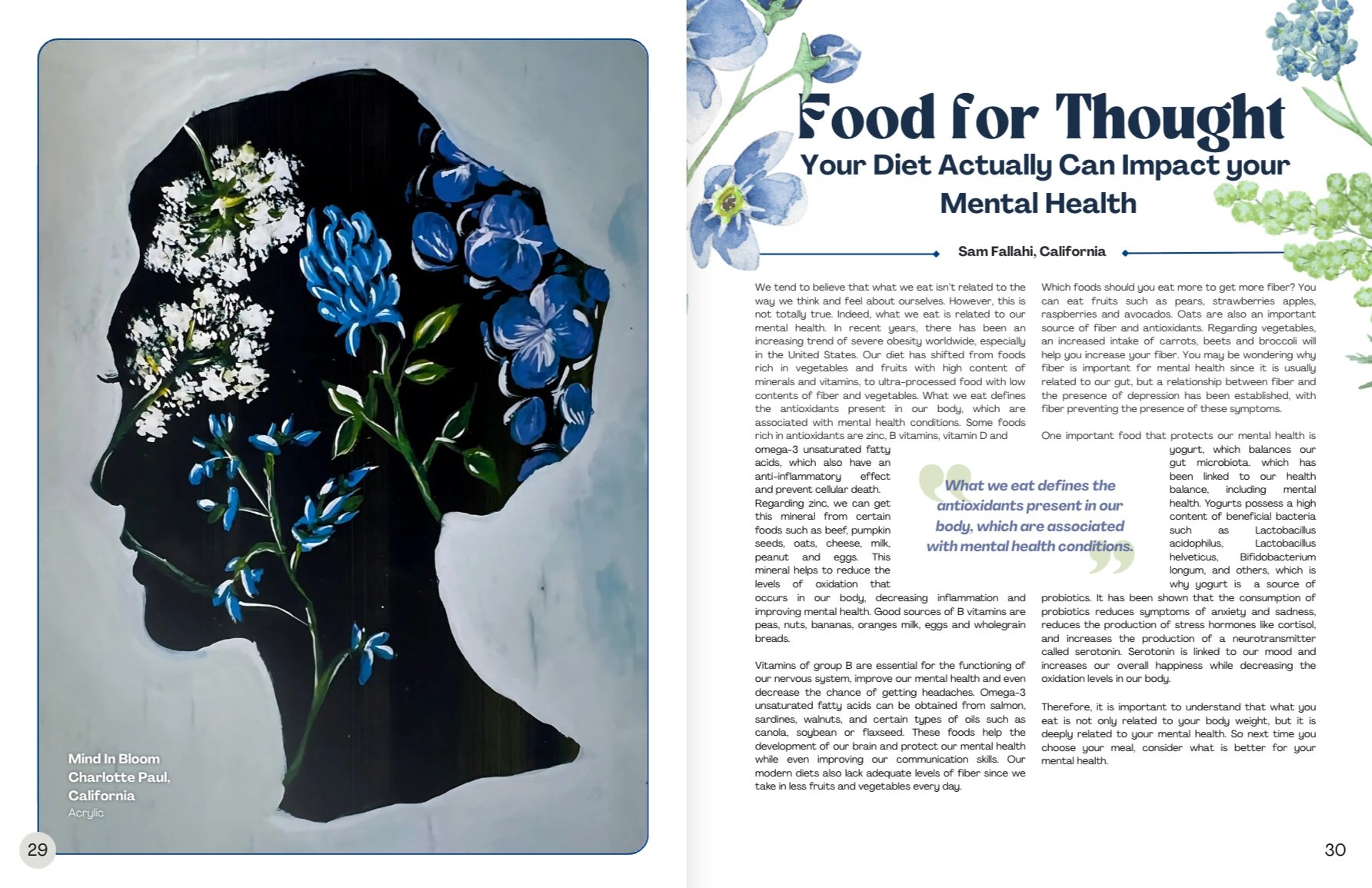 A painting of a silhouetted profile of a person's head with floral designs inside, including white, blue, and green flowers and leaves. The artwork is titled 'Mind In Bloom' by Charlotte Paul from California, created with acrylic.