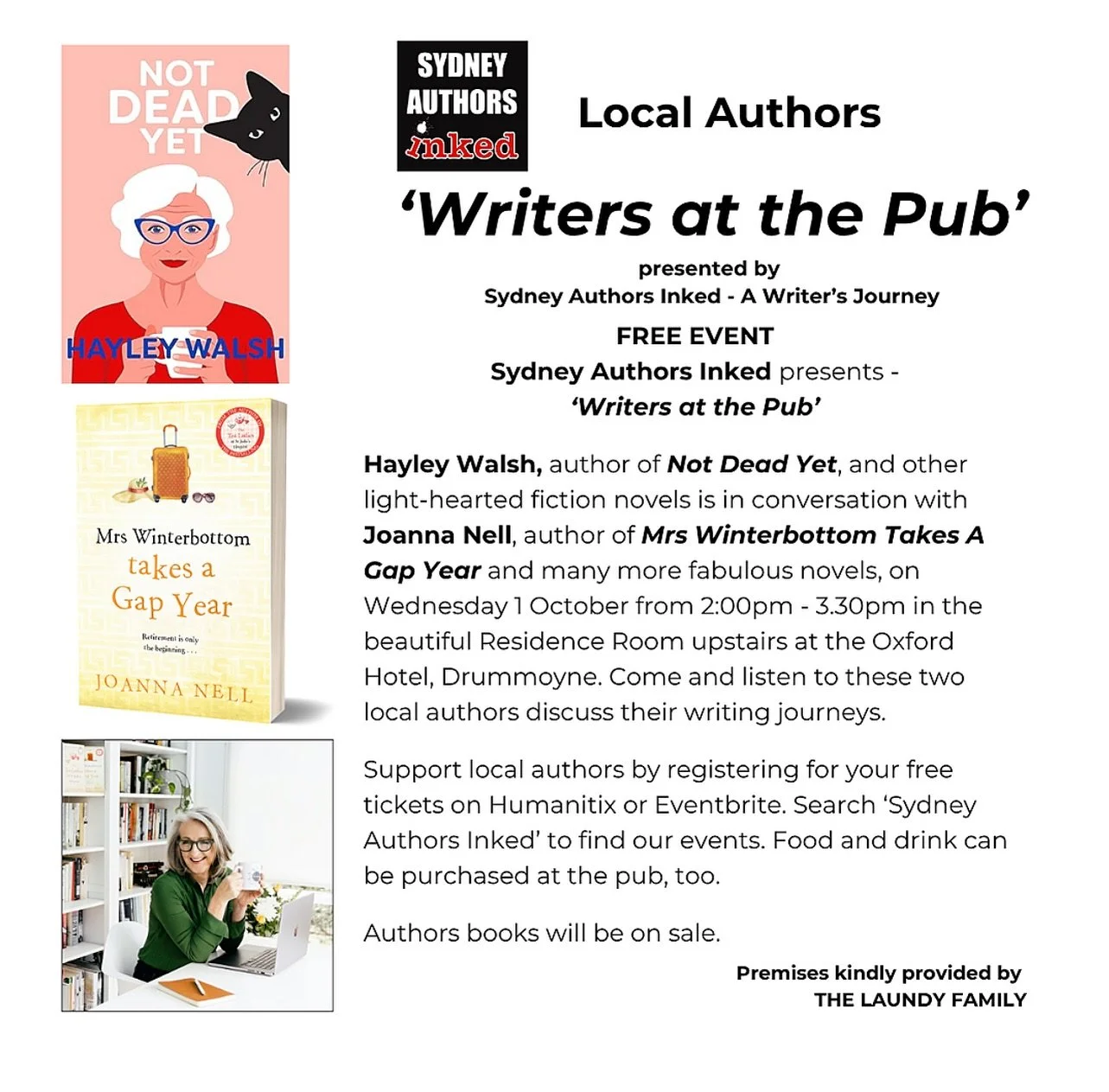 It's not too late to book or simply come along to this event with Sydney Authors Inked, Writers at the Pub series at The Oxford Hotel in Drummoyne 2pm on Wednesday. Chatting writing and books, in a historic Sydney pub, on a sunny afternoon ... what's