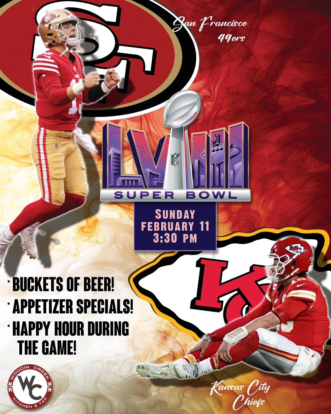 Come on down and watch Super Bowl 58 which starts at 3:30pm this coming Sunday! Beer Bucket&rsquo;s, Appetizer, and Happy Hour specials during the game. Don&rsquo;t miss your opportunity to cheer on your team!