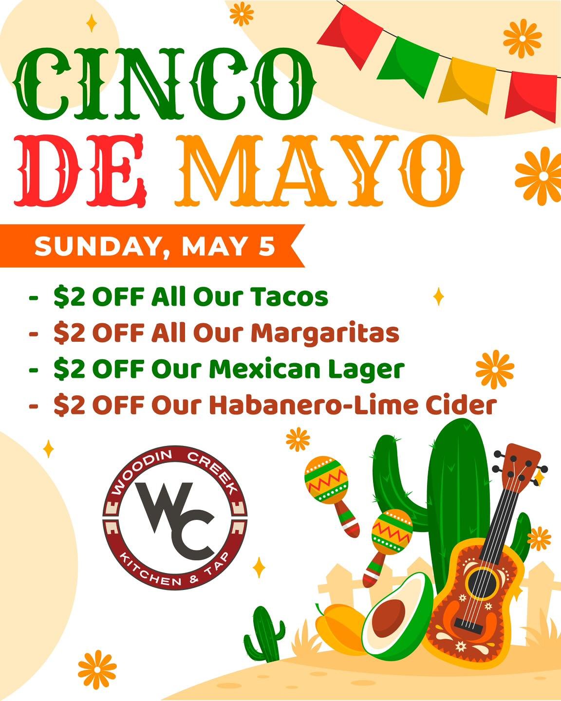 Come down and enjoy Cinco De Mayo with us all day! $2 off all of our Tacos, Margaritas, Kulshan Mexican Lager, and our Habanero Lime Cider by Channel Marker. 🌮🇲🇽