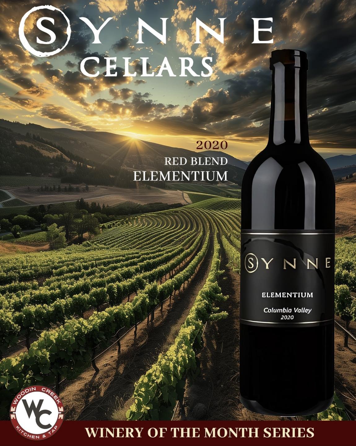 Come down and support of newest winery of the month. Synne Cellars. We are featuring their Red Blend Elementium and their Chardonnay. Wine Down Wednesday is a perfect day. Half off most all bottles of wine from open to close.  #woodincreekkitchen #sy