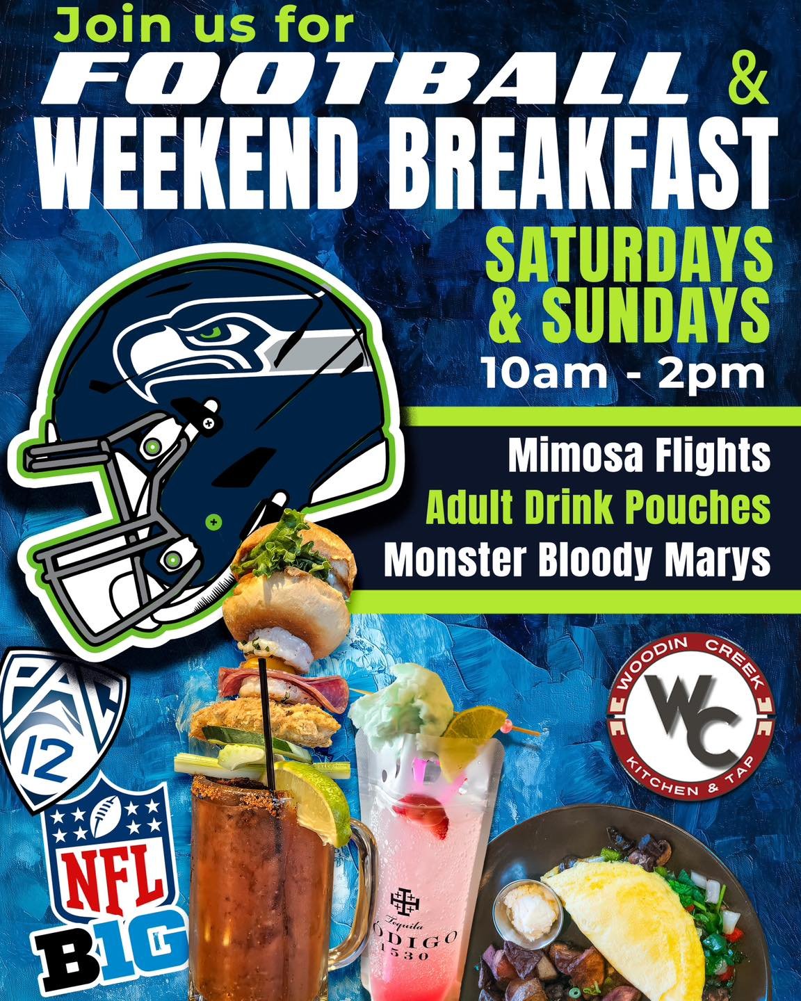 Are you ready to watch some NCAA College football every Saturday and NFL on Sundays! Doors open at 10am. Hurry down and grab the best seat in the house!
We are featuring brunch from 10 to 2 PM as well as Mimosa Flights, Monster, Bloody Mary&rsquo;s, 