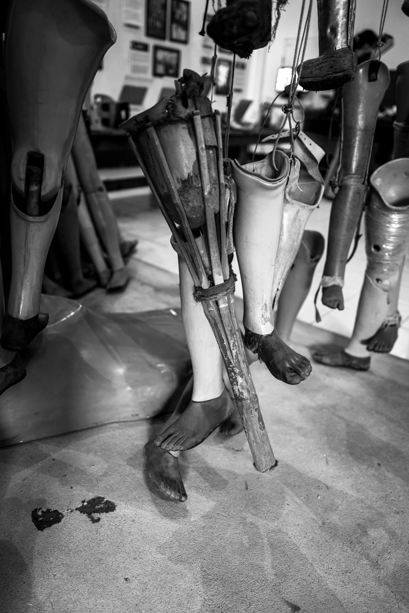 A black and white photograph of a display with disassembled mannequin legs and prosthetic limbs arranged in a shop or museum, with framed pictures on the wall in the background.