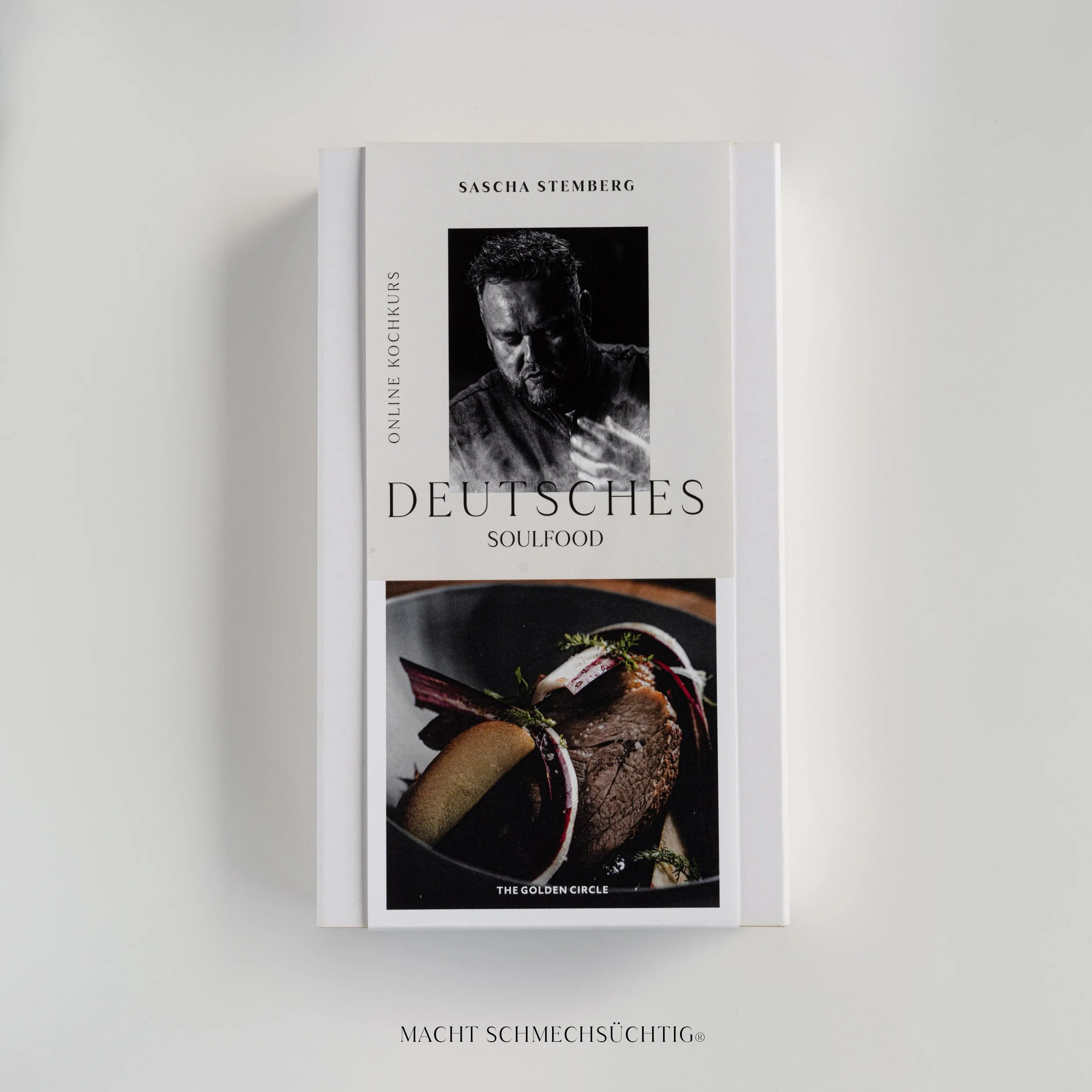 Buchcover von "Deutsches Soulfood" von Sascha Stemberg mit einem Foto des Autors oben und einem Bild von einem Gericht darunter. Buch zum Thema deutsches Essen.