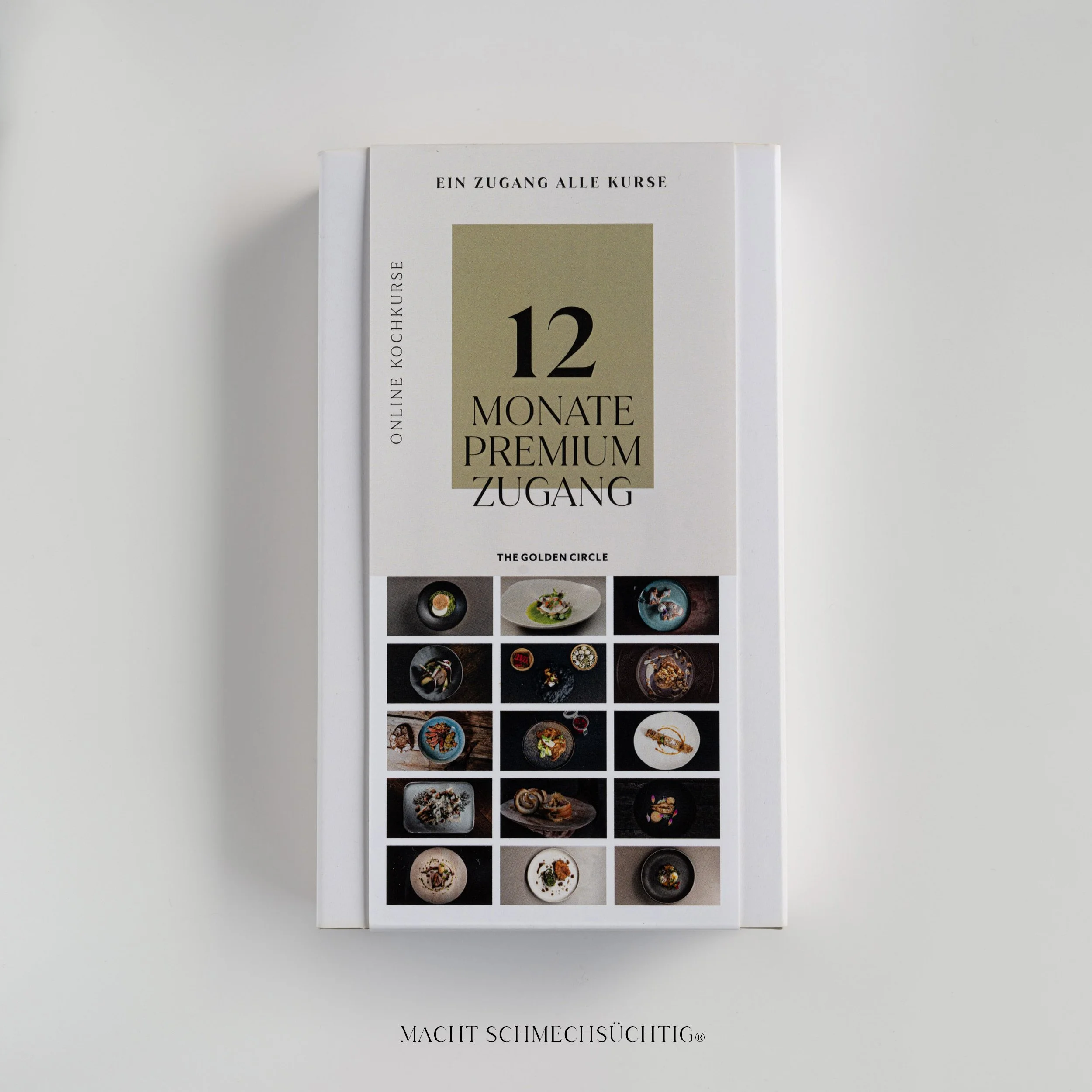 Box mit der Aufschrift '12 Monate Premium Zugang', enthält Bilder von verschiedenen Gerichten. Text: 'Ein Zugang alle Kurse', 'Online Kochkurse'. Marke unten: 'Macht Schmecksüchtig'."