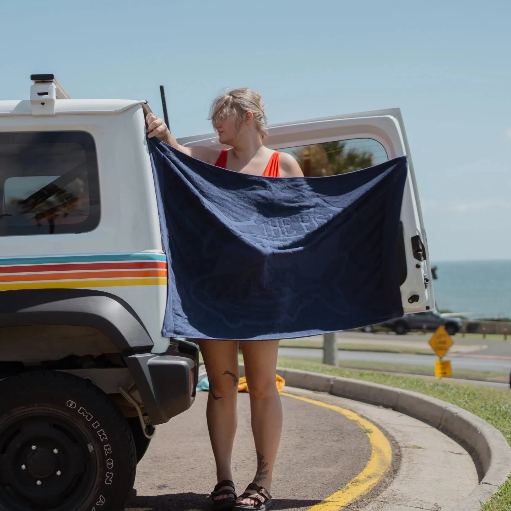 100% Cotton Magnetic Beach Towel - "THE FISH ARE ON" NAVY