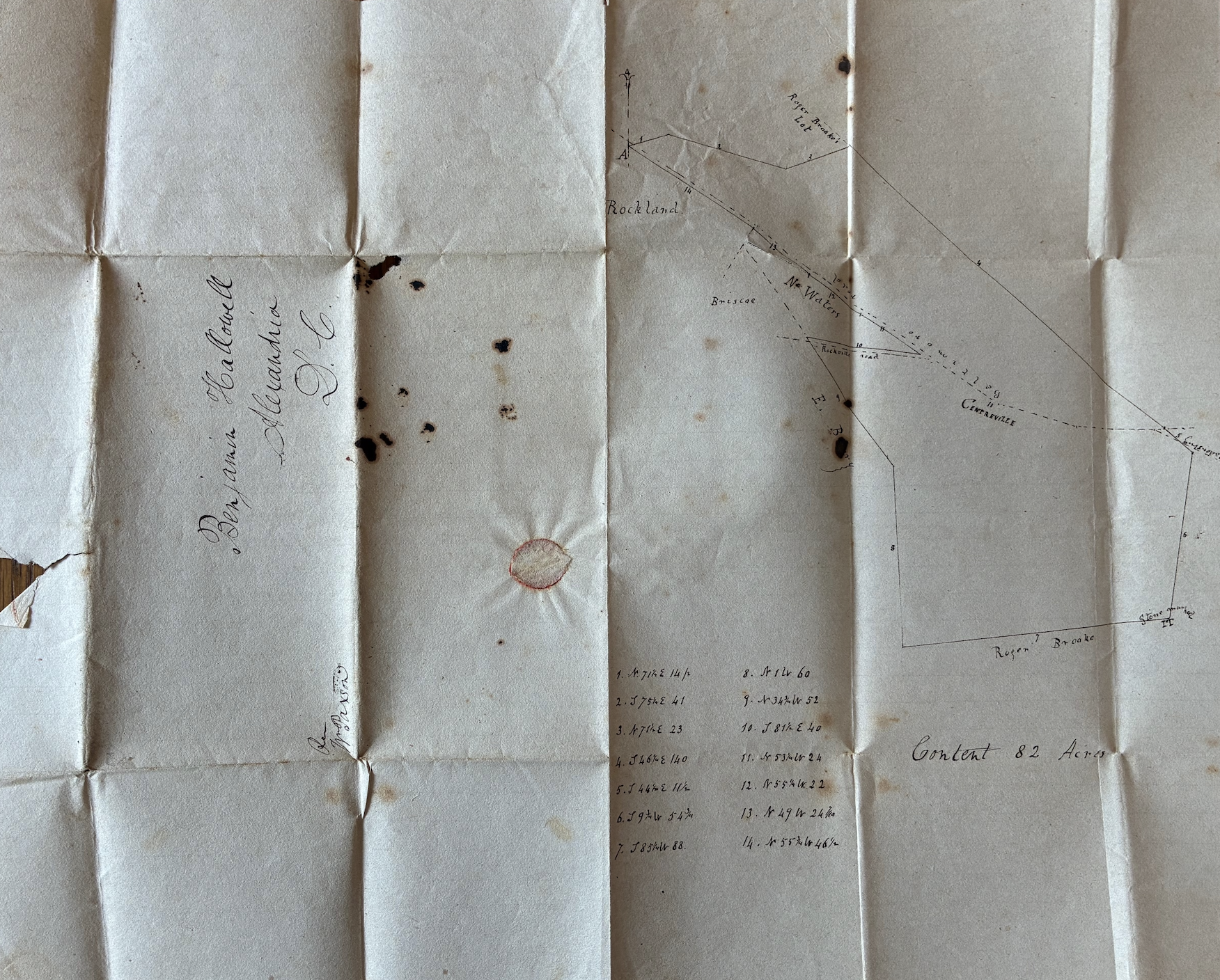 Historic circa 1838 plat showing Rockland and the adjacent five-acre Briscoe-Elcorn and Waters family parcels.