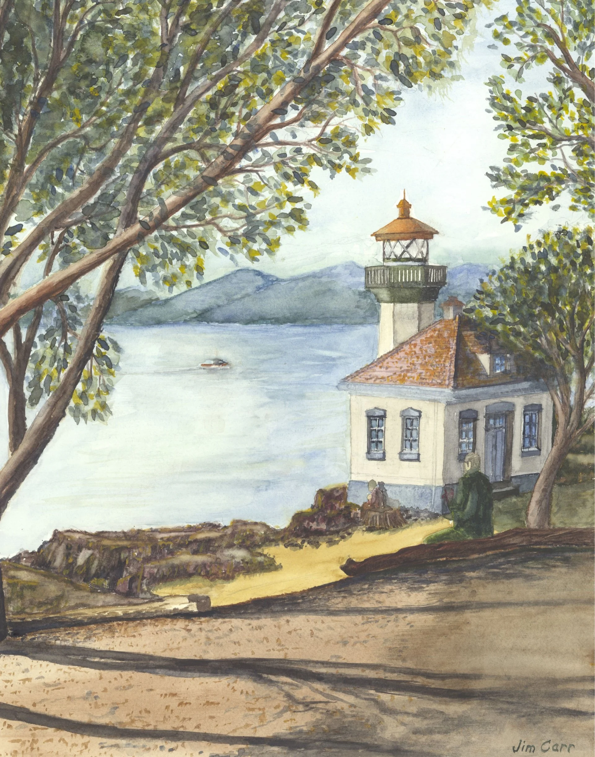 Watercolor by Jim Carr depicting a lighthouse and coastal building framed by trees