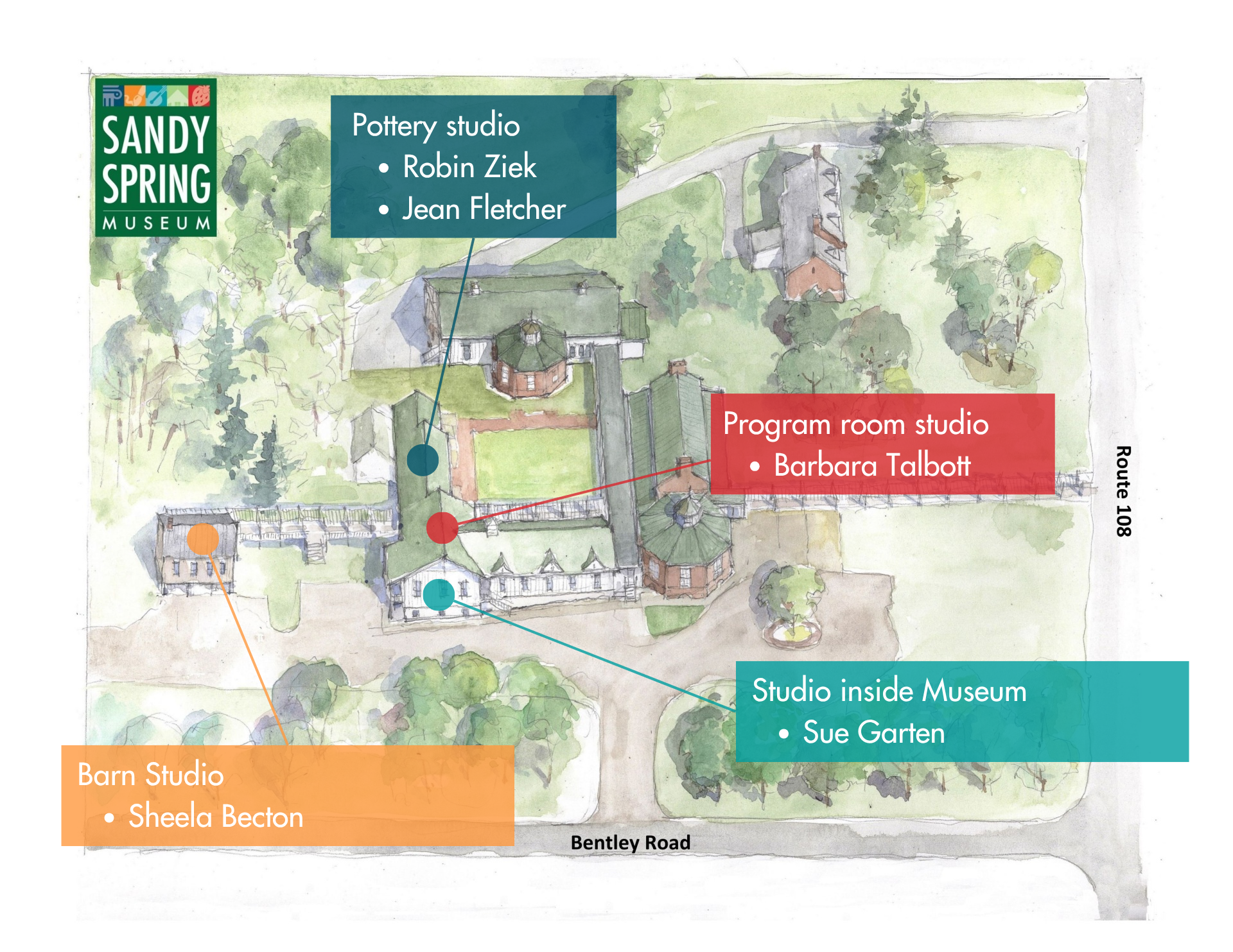 Map showing the locations of resident artist studios at Sandy Spring Museum, including the barn studio, pottery studio, program room studio, and museum studio.