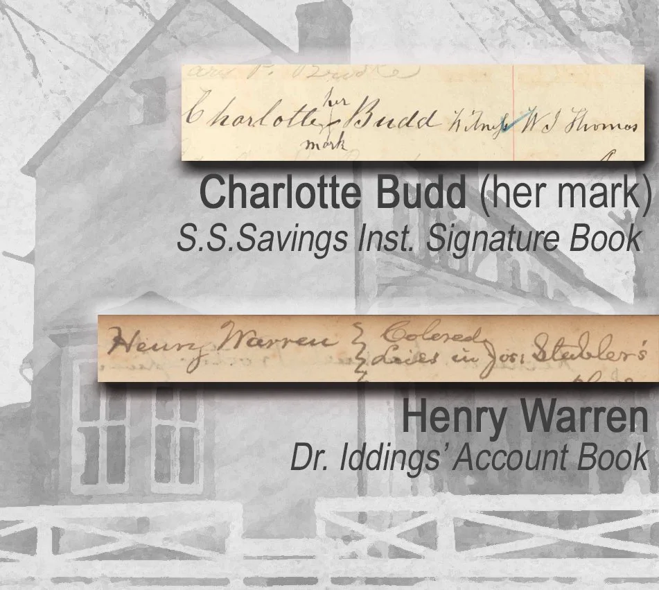 Archival records naming Charlotte Budd and Henry Warren over an image of Auburn