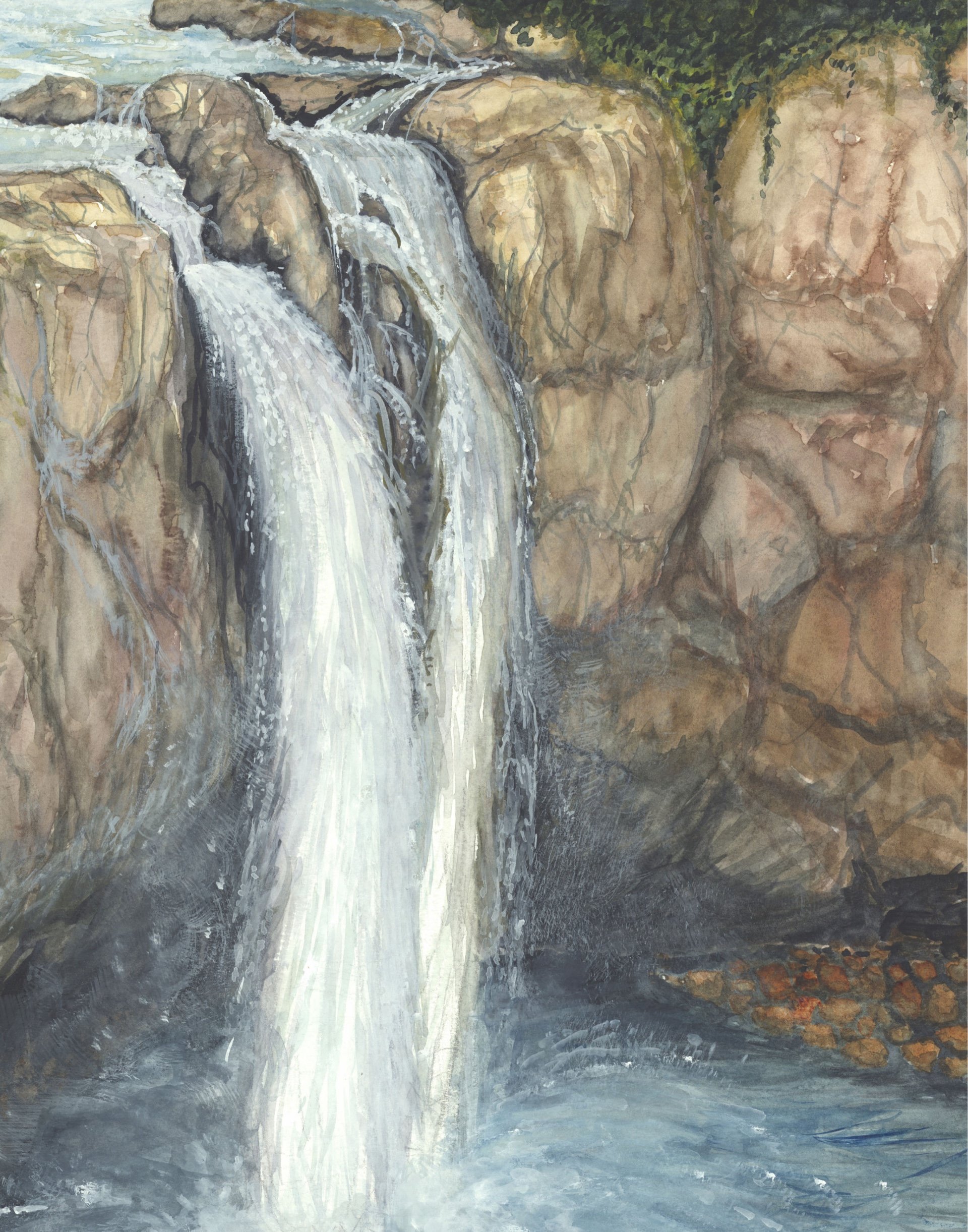 Watercolor by Jim Carr depicting a waterfall cascading through rocky terrain