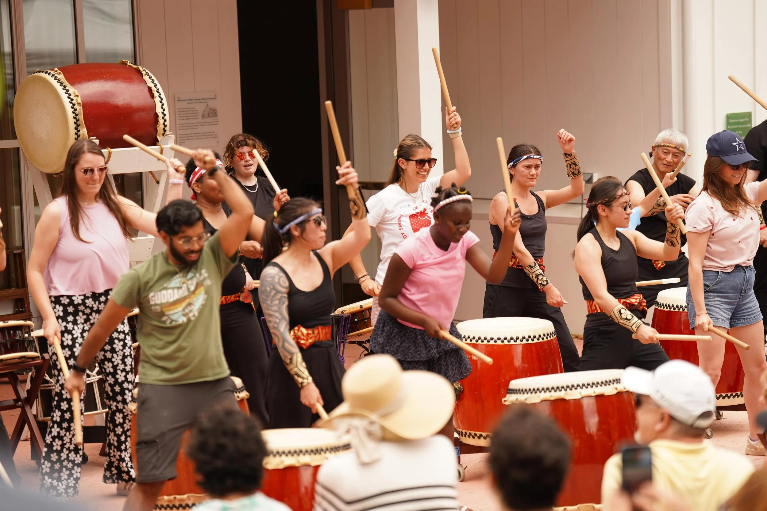 Drummers perform in the Sandy Spring Museum courtyard during the Strawberry Festival.