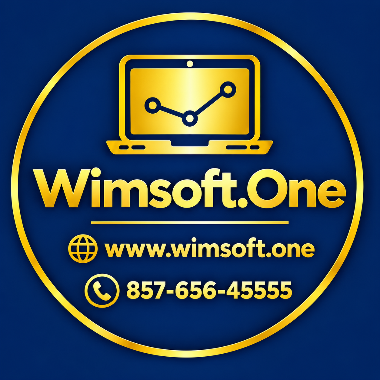 Logo for Wimsoft.One featuring a gold line drawing of a laptop with a graph on the screen, with the text 'Wimsoft.One' in bold gold letters, a globe icon with the website URL www.wimsoft.one, and a phone icon with the number 857-656-4555 on a dark blue background.