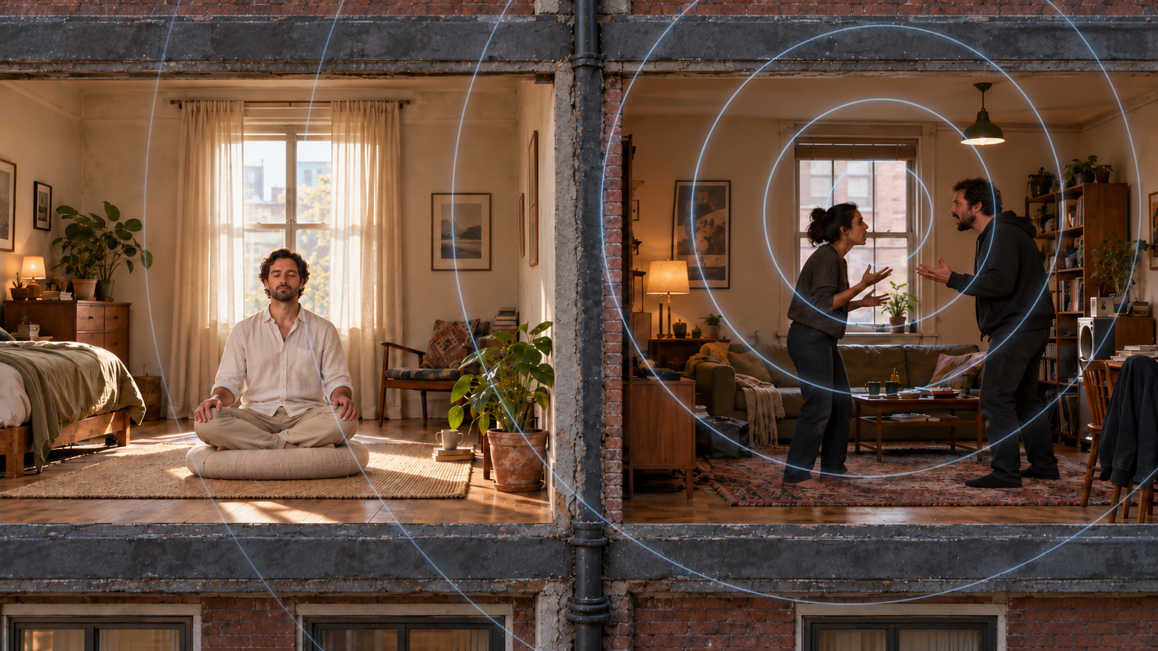 A man meditates in his apartment while a couple argues next door, with translucent sound waves radiating through the shared wall.
