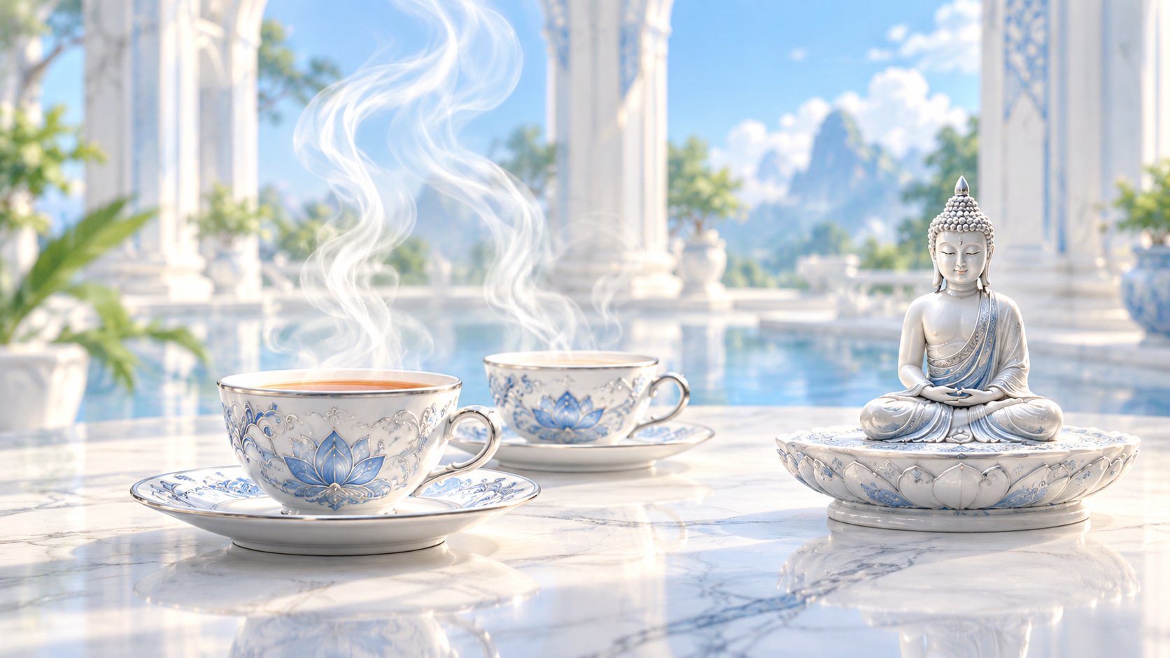 Two steaming cups of tea beside a small white Buddha statue, overlooking a blue pool in a sunlit pavilion.