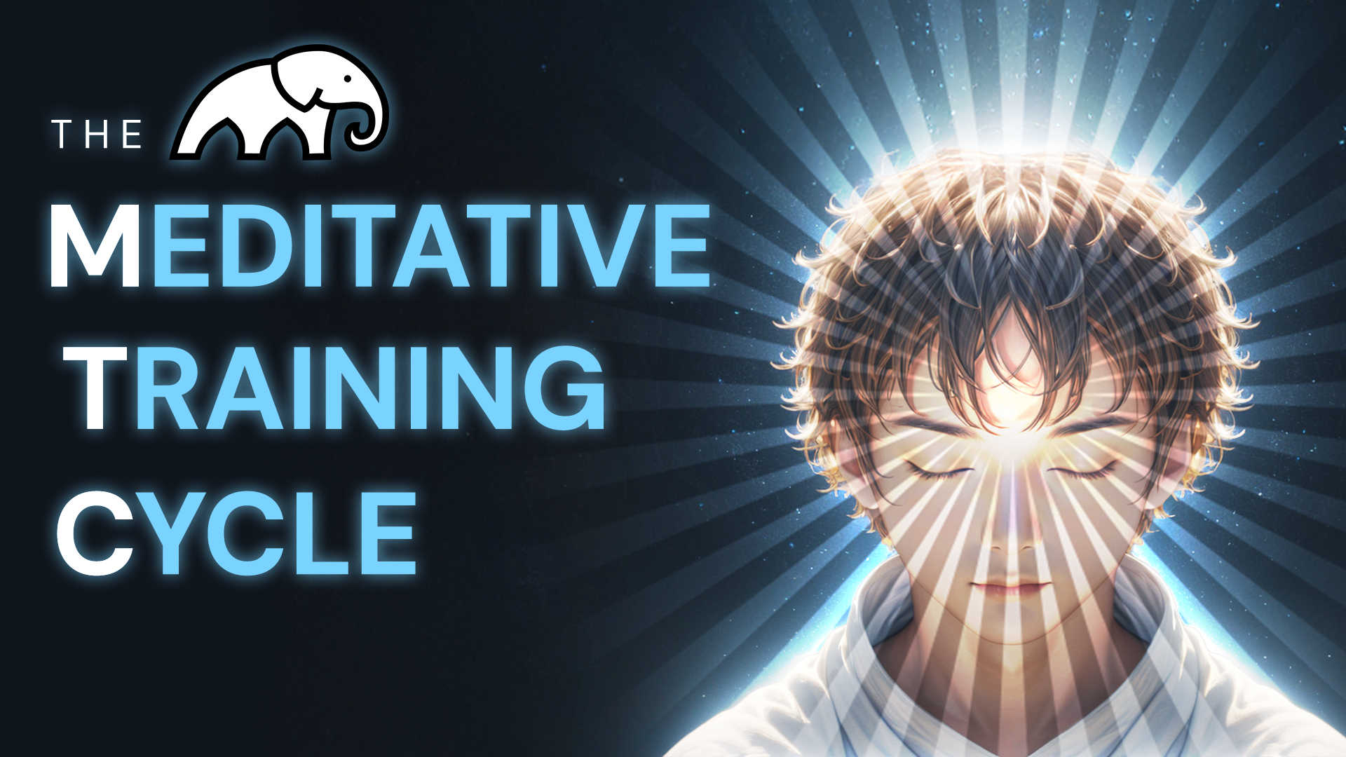 The Meditative Training Cycle title image, showing a meditator illuminated by radiant light beside the Mind Muar elephant logo.