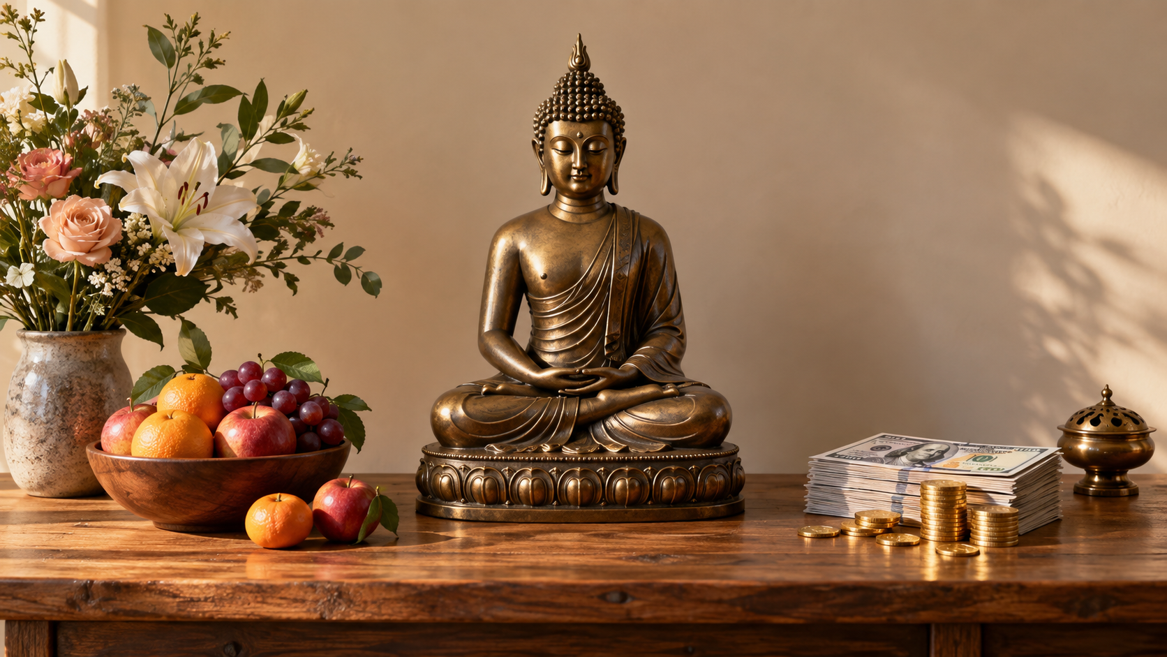Bronze Buddha figurine on a wooden altar, with flowers and fruit on the left and paper money and gold coins on the right.