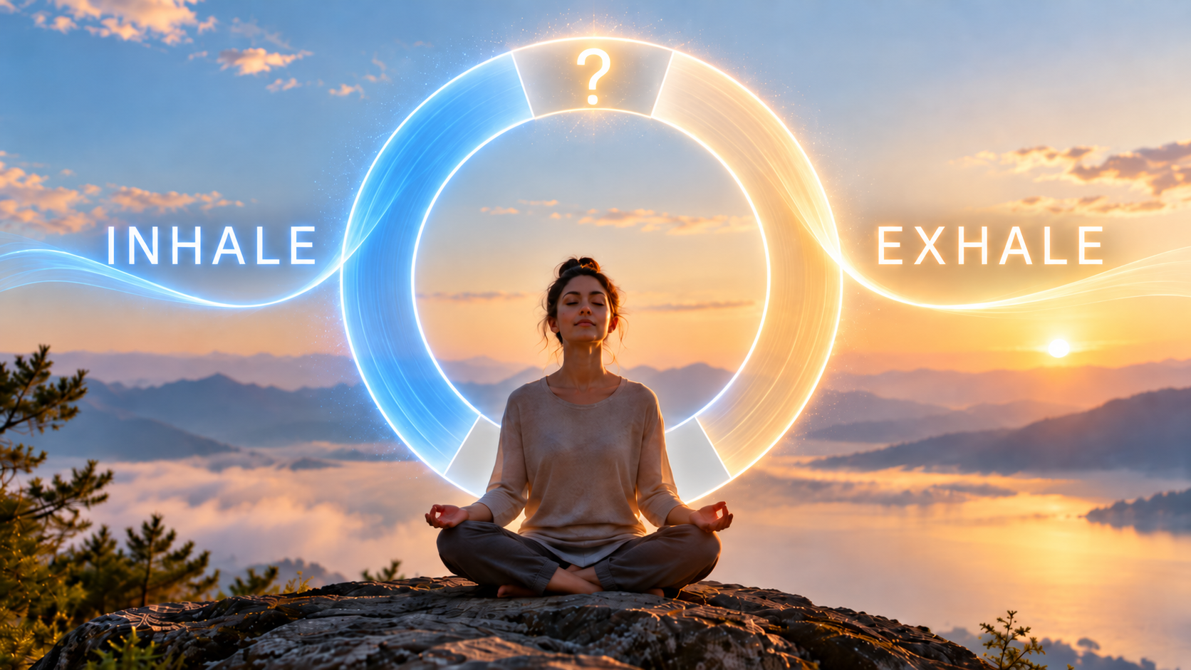 A woman meditates on a mountain at sunrise, framed by a glowing circular breath-cycle diagram labeled “INHALE” and “EXHALE,” with a question mark marking the pause at the top of the breath.