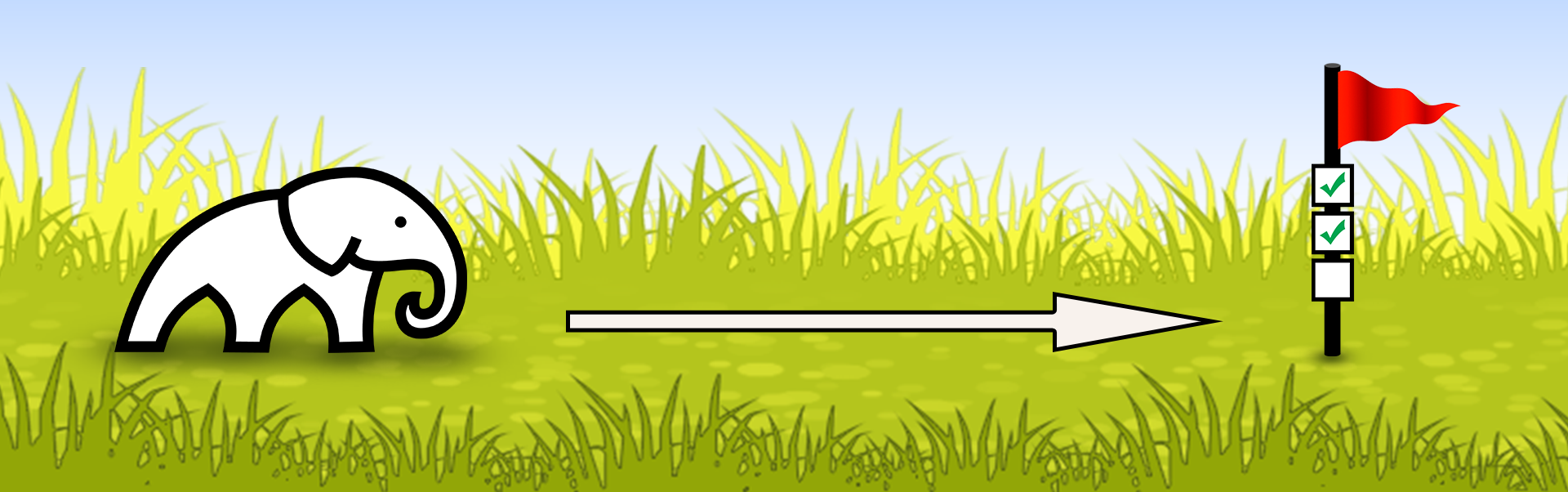 White elephant moving toward a finish flag, illustrating the clear comprehensions that distinguish a Strong Intention from a vague intention.