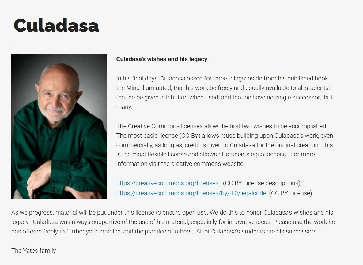 Screenshot from Culadasa.com showing a portrait of Culadasa beside text describing his wishes for freely shared work, attribution, and many successors.