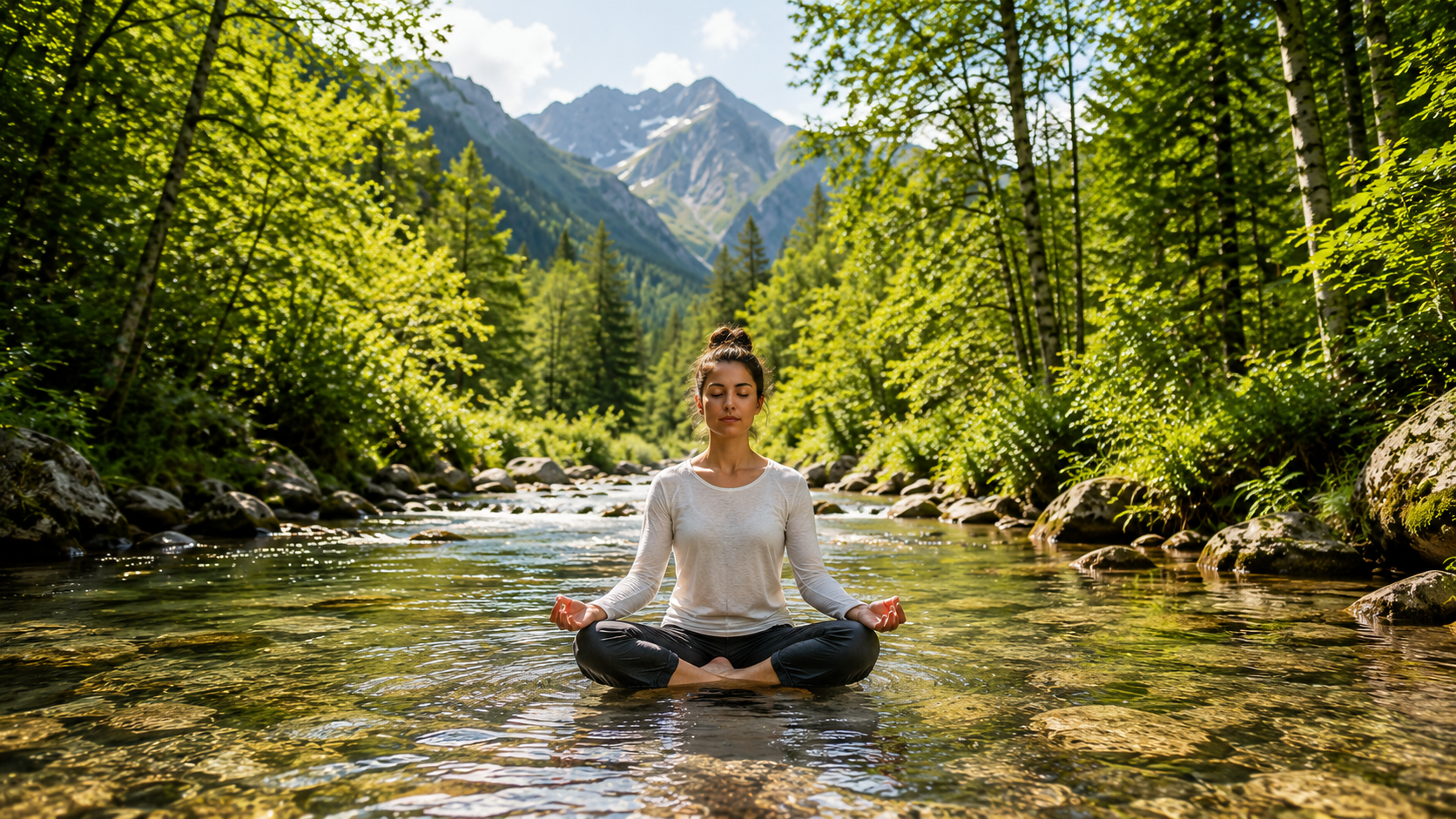 A centered meditator sits cross-legged in the shallow waters of a clear mountain stream, surrounded by sunlit forest, smooth stones, and distant mountain peaks.