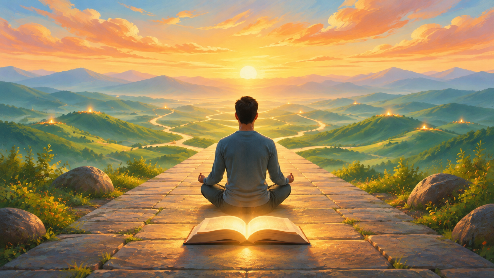 A meditator sits on a stone path overlooking a sunlit mountain valley, with a glowing open book in the foreground.