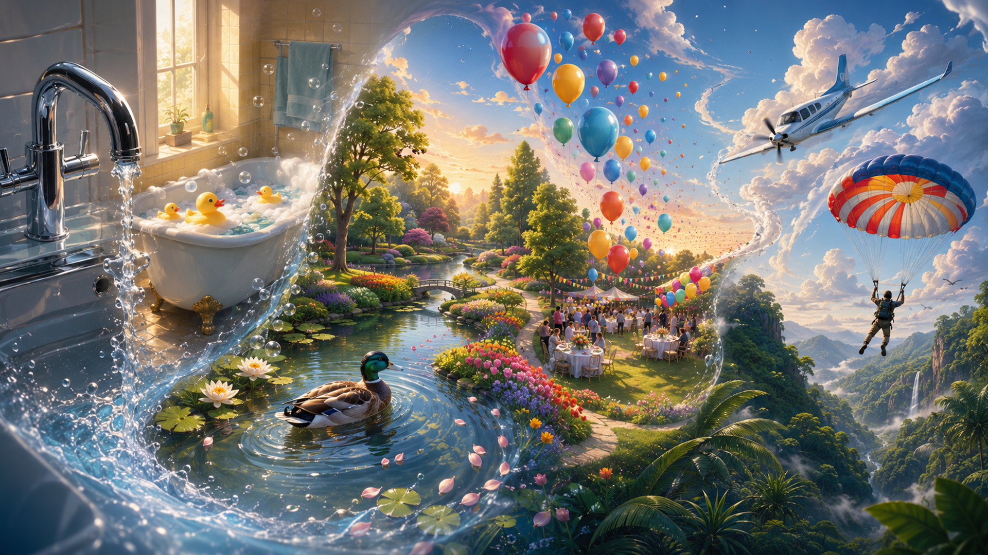 Mind-Wandering illustrated as one thought leads to another: running water evokes a bath, then rubber ducks, a real duck in a pond, a garden party, balloons, an airplane, and skydiving.