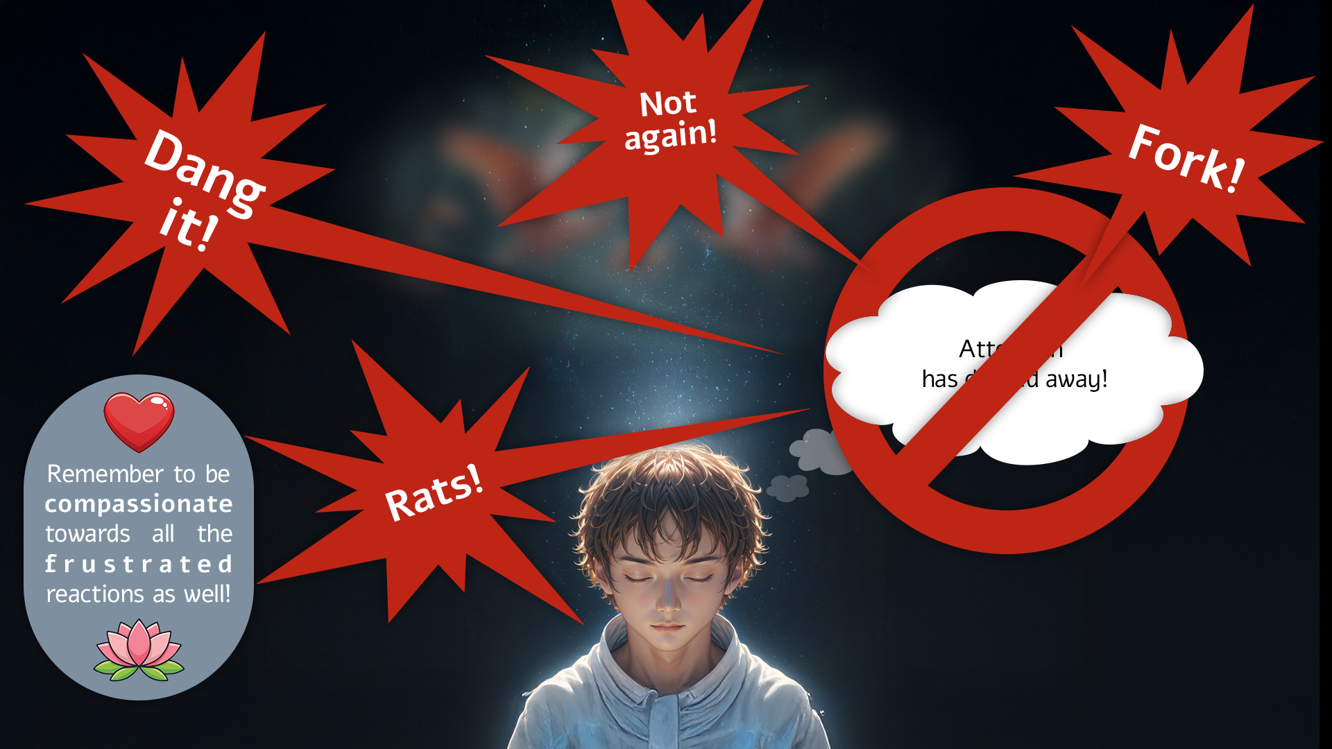 Frustrated reactions to Waking Up, such as “Dang it,” “Not again,” and “Rats,” contrasted with the reminder to meet these reactions with Compassion.