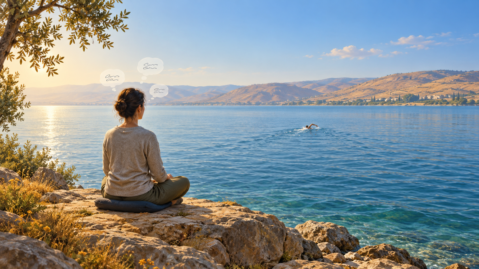 A meditator sits beside the Sea of Galilee with thought bubbles above her head, while a swimmer heads toward the far shore.