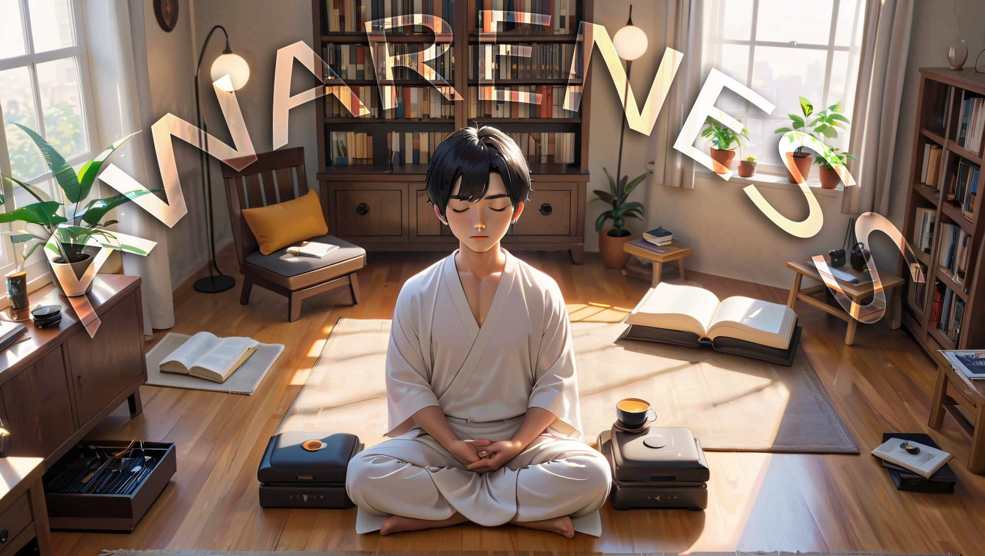 Meditator surrounded by sights, sounds, thoughts, and sensations, illustrating Awareness as the broad field of conscious experience.