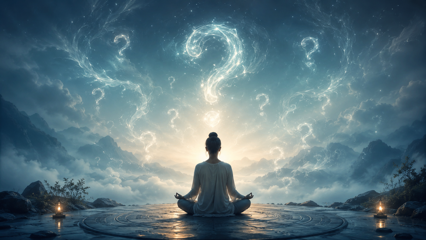 A meditator sits facing a luminous mountain horizon, surrounded by ethereal question marks that symbolize doubt, inquiry, and the open-ended path toward Awakening.